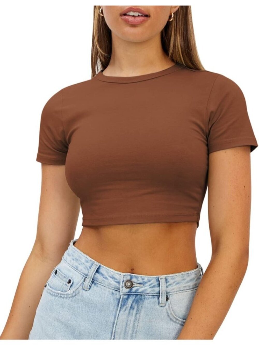 Women's Brown Crew Neck Basic Slim Fit Trendy Short Sleeve Crop Tops